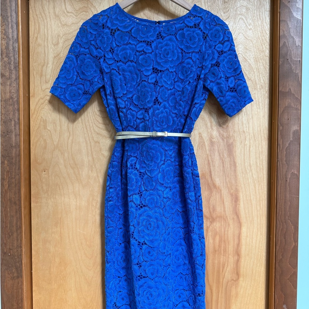 Small Ellen Tracy Blue Lace Sheath Dress - Petite - Office, Occasion, Spring - Picture 2 of 9
